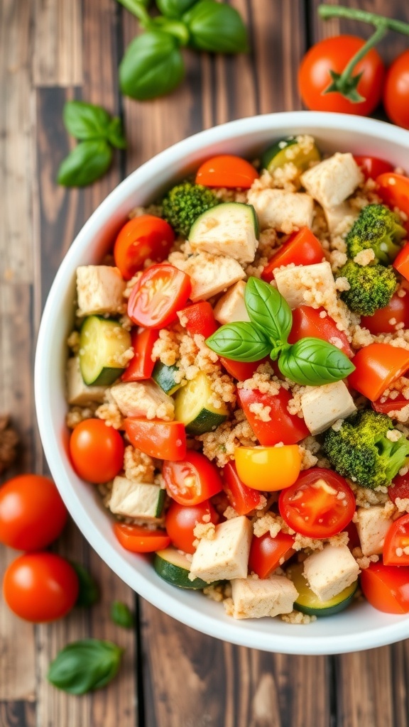 A colorful quinoa chicken primavera with vegetables in a bowl, garnished with basil, on a rustic wooden table.